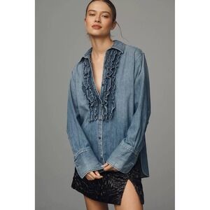 Citizens of Humanity Denim Ruffle Front Button Down Shirt Top
